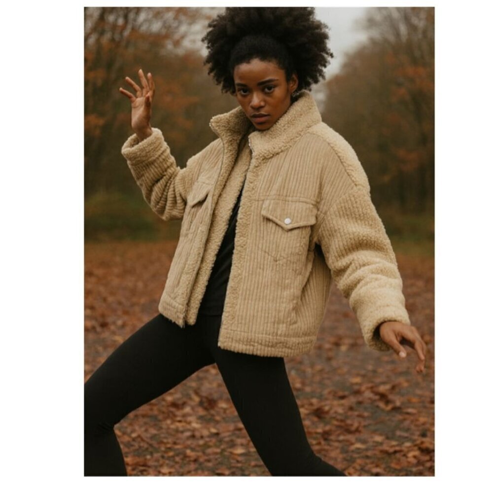 BLANKNYC Women Collared Full Zip Corduroy Sherpa Teddy Jacket XTRA-SMALL Beige